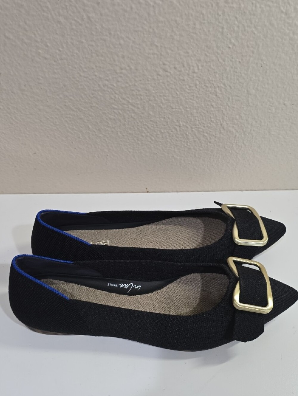 Rothy's Black Pointed Flats with Gold Buckle Accent - Picture 5 of 8